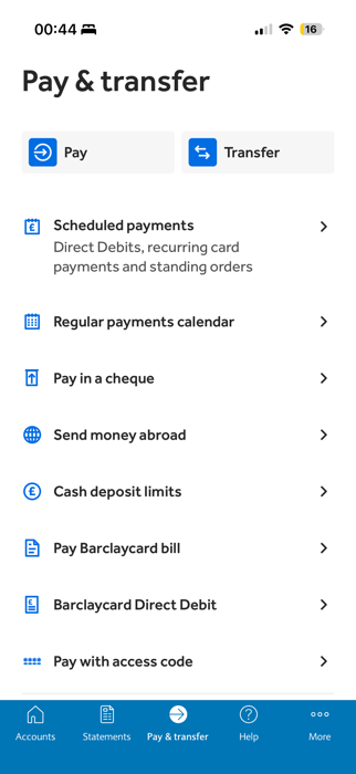 Barclays Pay & transfer menu with Pay in a cheque as a clear entry point