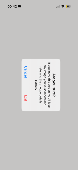 Are you sure exit confirmation dialog warning that a scanned cheque image will be lost