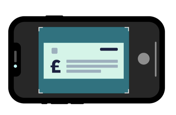 Illustration of a phone camera aligning a cheque within a scan frame