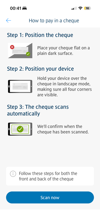 How to pay in a cheque instructional screen with three numbered steps