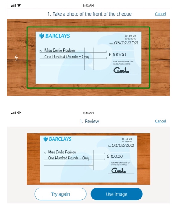 Barclays' original in-house cheque-scanning app capturing a cheque on a well-lit wooden surface