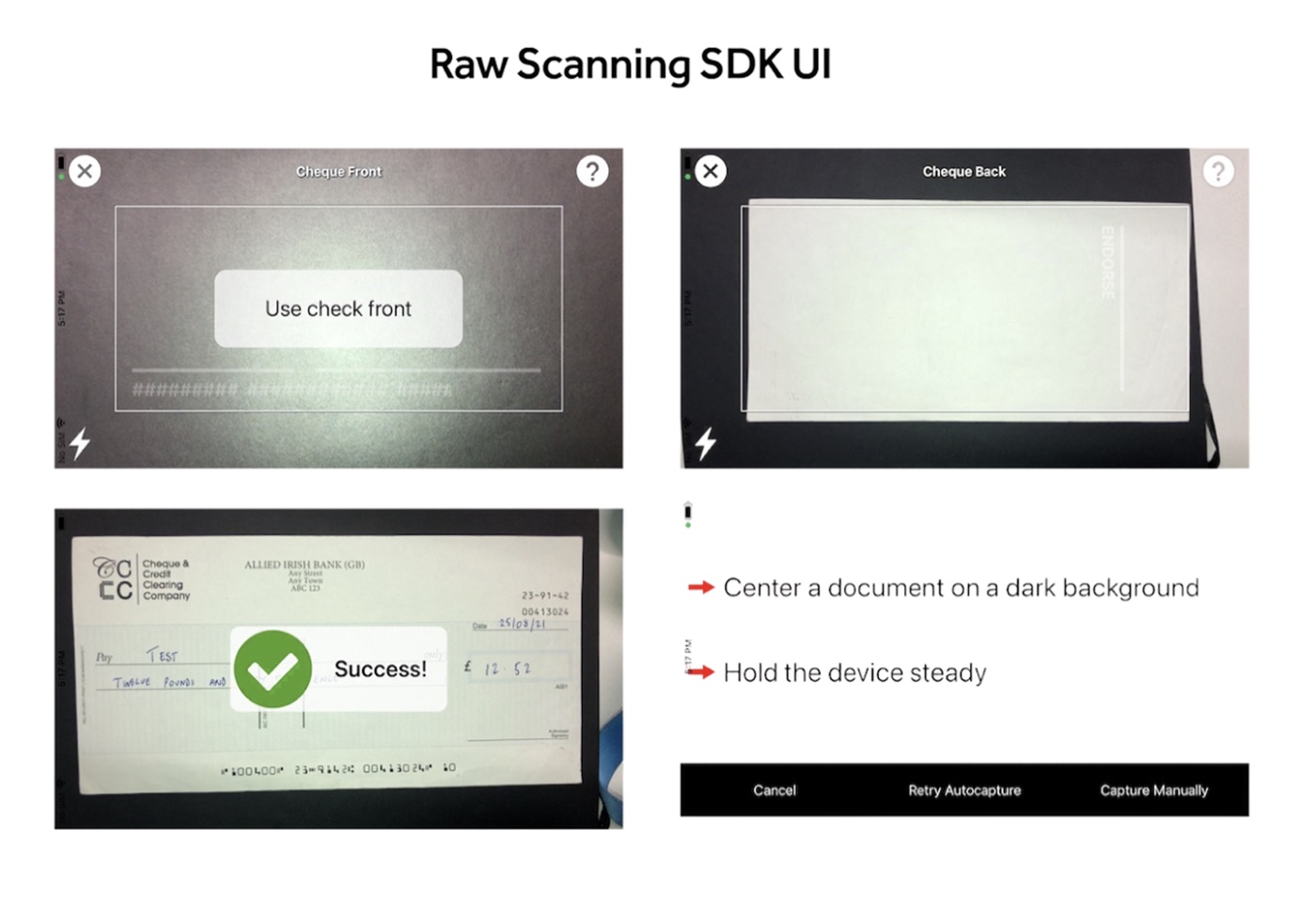 Unbranded third-party SDK capture screens for cheque front, cheque back, and a generic success state