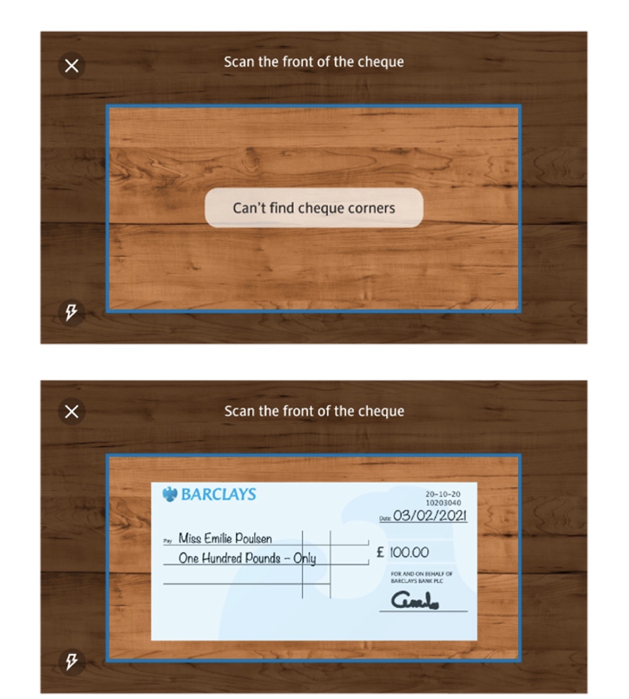 Reskinned Barclays capture screen showing a corner-detection error state and a successful cheque frame